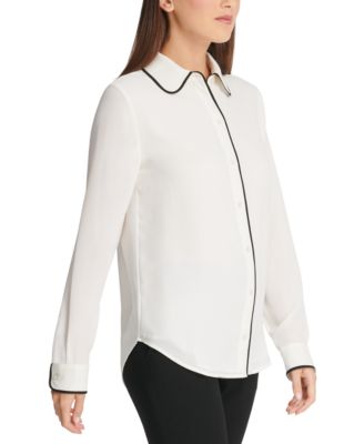 Petite Piped-Trim Button-Up Blouse, Created for Macy's