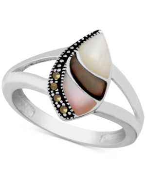 image of Genuine Swarovski Marcasite & Multi-Shell Ring in Fine Silver-Plate