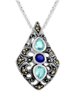 image of Genuine Swarovski Marcasite & Aqua Crystal Pendant 18