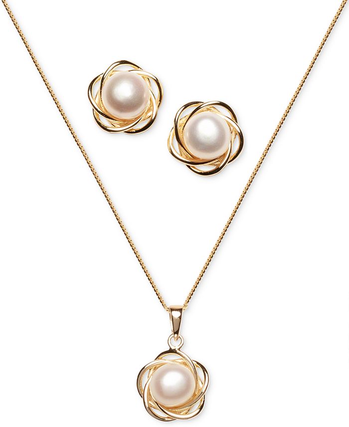 2-Pc. Set Cultured Freshwater Pearl (7mm) Flower Pendant Necklace &  Matching Stud Earrings in 18k Gold-Plated Sterling Silver or Sterling Silver