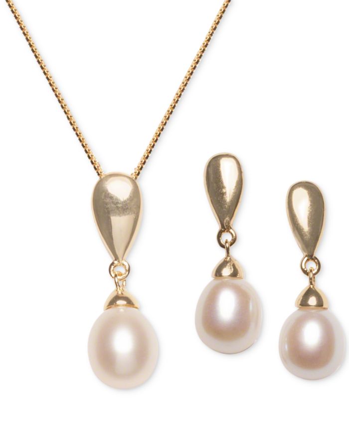 2-Pc. Set Cultured Freshwater Pearl (7 x 9mm) Pendant Necklace & Matching