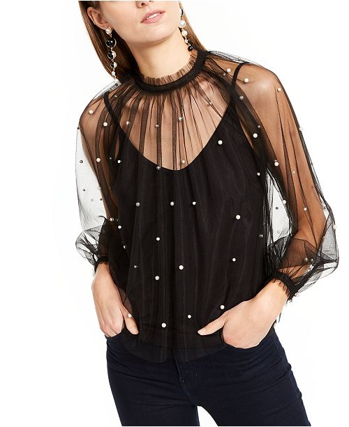 Inc Embellished Tulle Mock Neck Top Created For Macy S