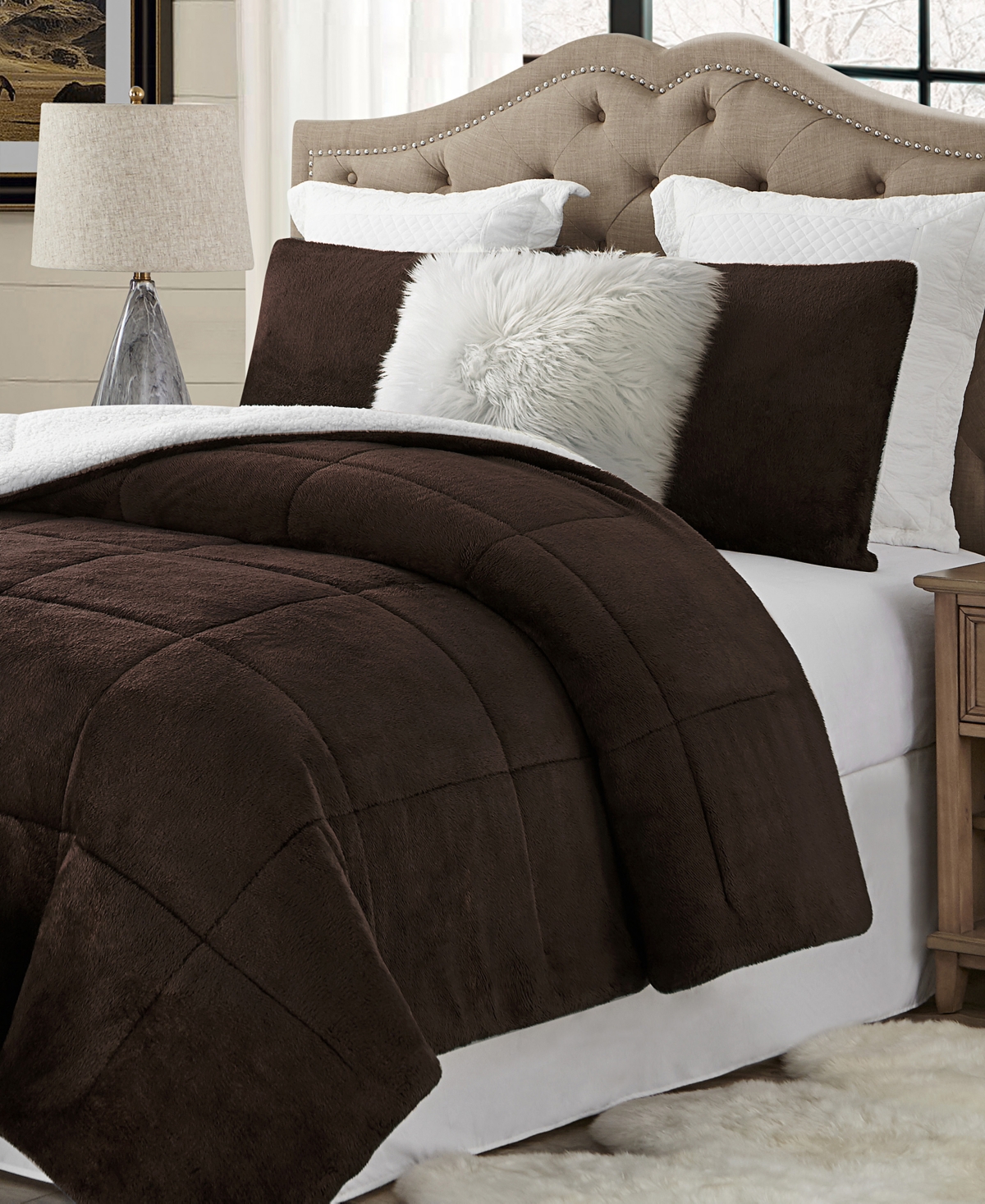 Cathay Home Inc. Plush Faux Fur and Sherpa Reversible Comforter Set