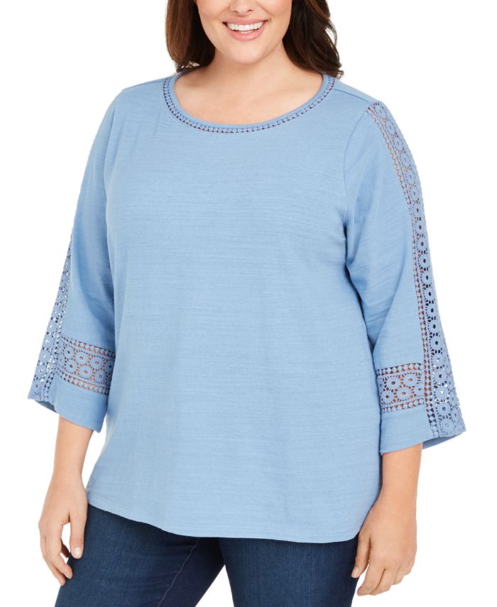 Charter Club Plus Size Crochet-Trim 3/4-Sleeve Cotton Top, Created for ...