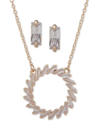 Anne Klein - Gold-Tone Crystal Open Circle Pendant Necklace & Drop Earrings Set, 16" + 3" extender