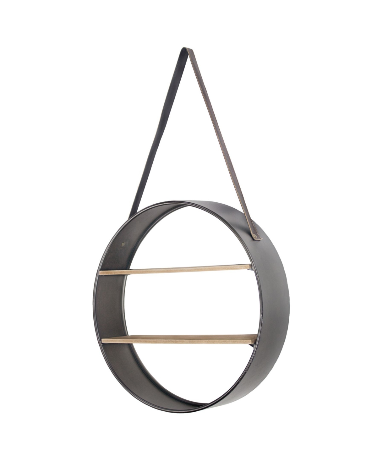 American Art Decor and Wood Round Hanging Wall Shelf with Strap - Brown