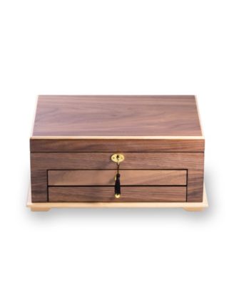 Walnut 3 Level Jewelry Box with Gold tone  Accents and Locking Lid