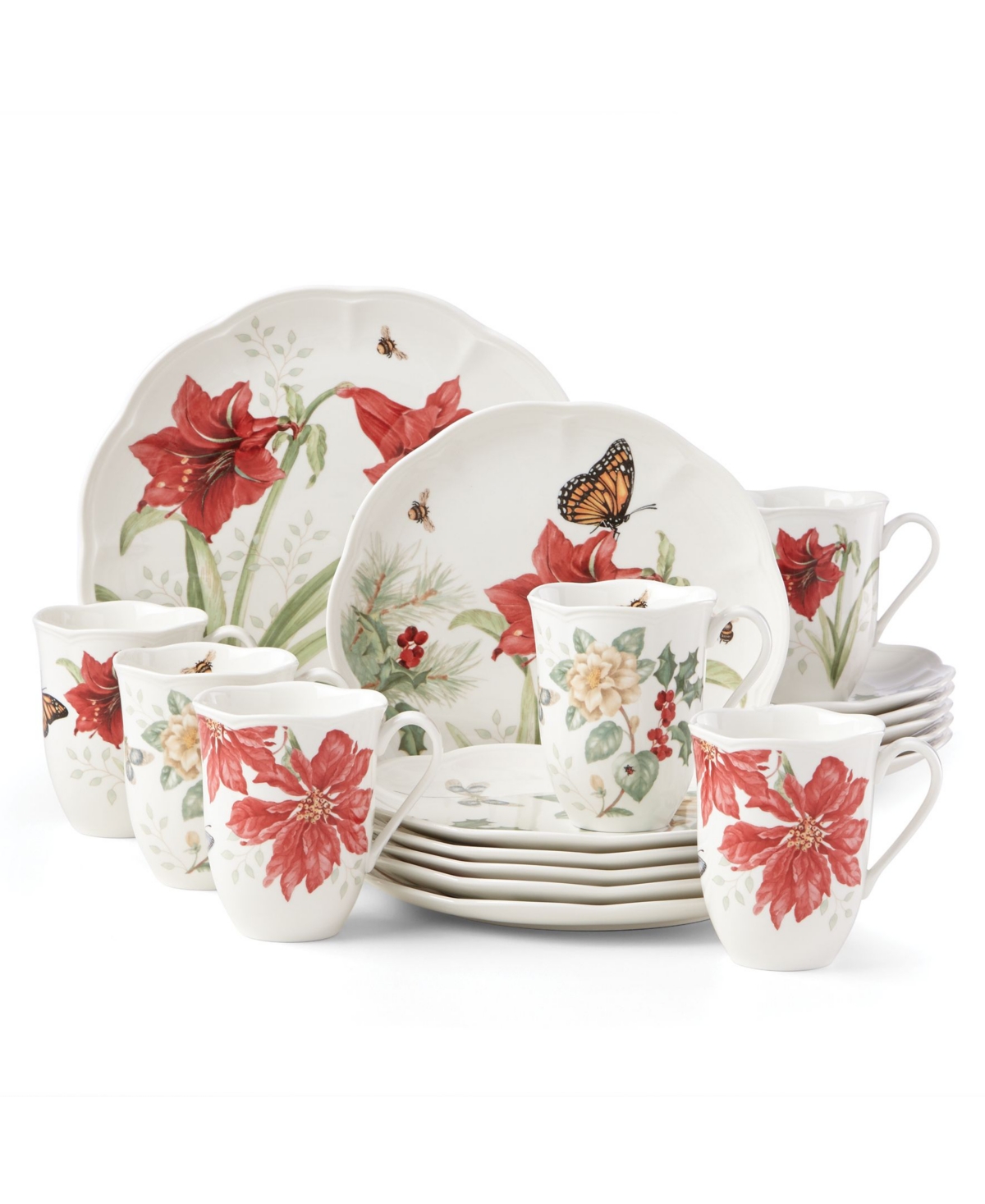 Butterfly Meadow Holiday 18-pc Dinnerware Set, Service for 6 - White Background With Multi-color Season