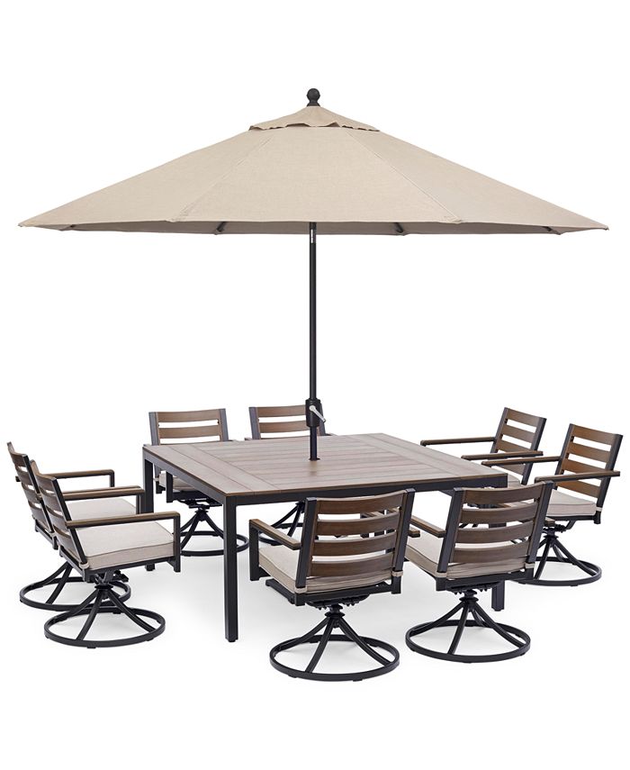 Furniture - Stockholm Outdoor Aluminum 9-Pc. Dining Set (61" Square Dining Table & 8 Swivel Rocker Chairs) with Sunbrella&reg; Cushions
