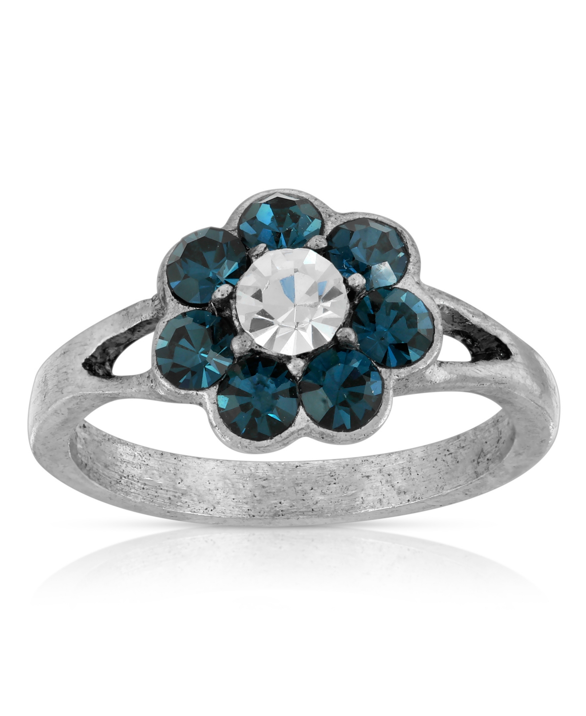 2028 Pewter Crystal Flower Ring In Blue