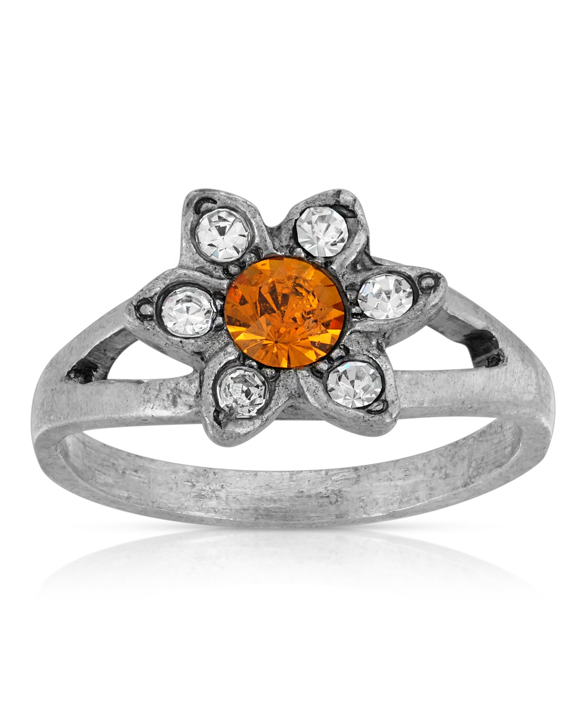 2028 Pewter And Clear Crystal Flower Ring In Yellow