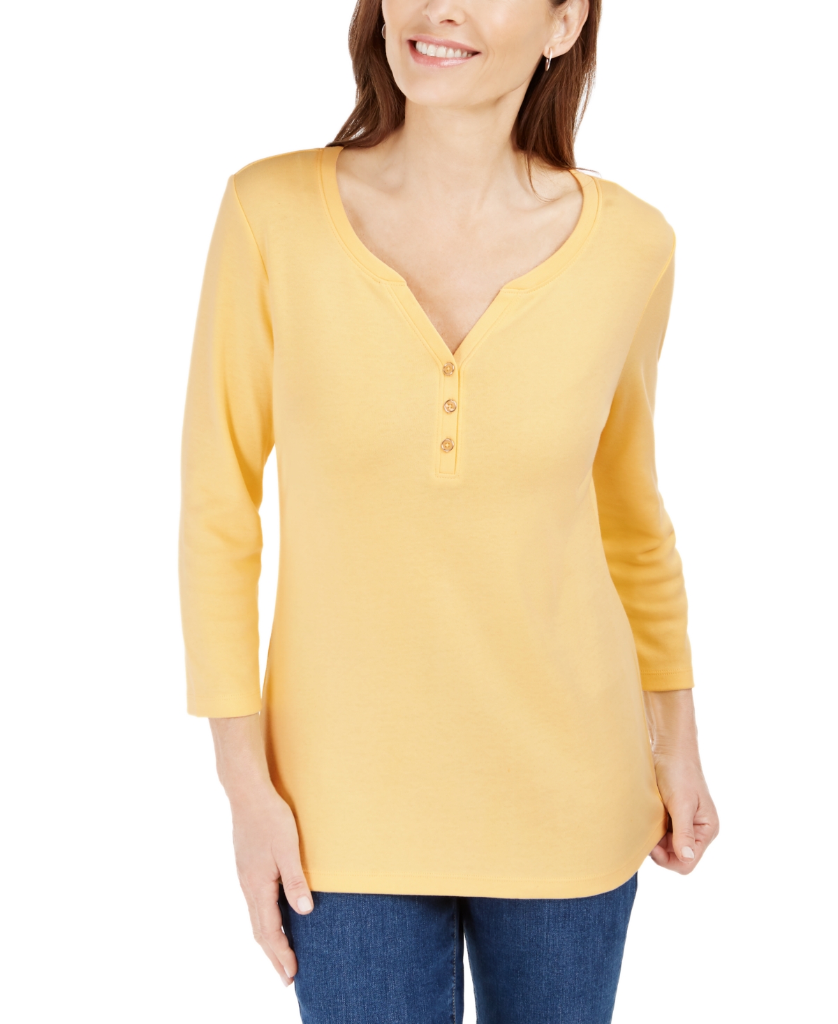 Petite 3/4-Sleeve Henley Shirt, Created for Macy's - Citron Aura