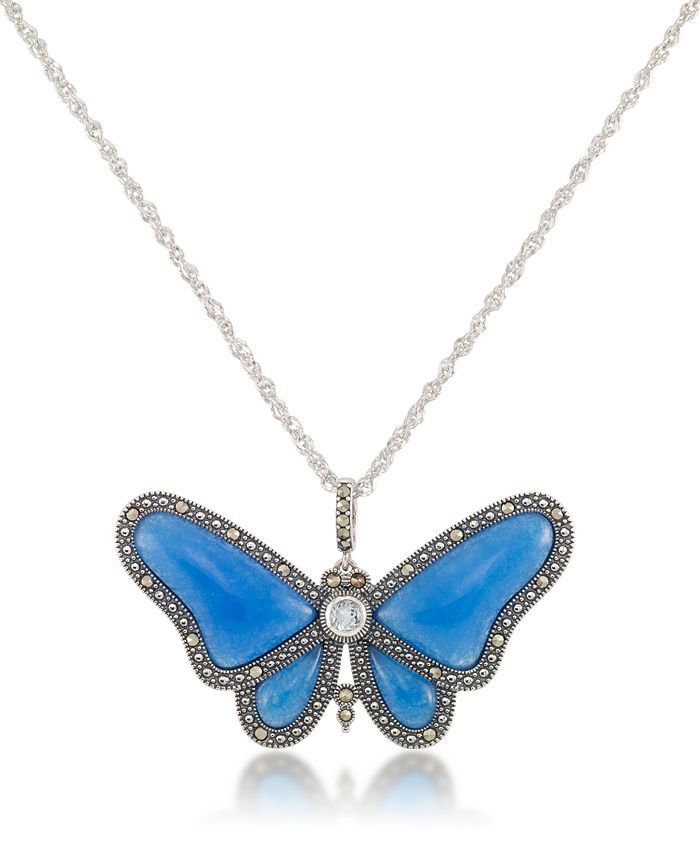 Macy's - Marcasite and Blue Agate & Blue Topaz (1/3 ct. t.w.) Butterfly Pendant+18" Chain in Sterling Silver