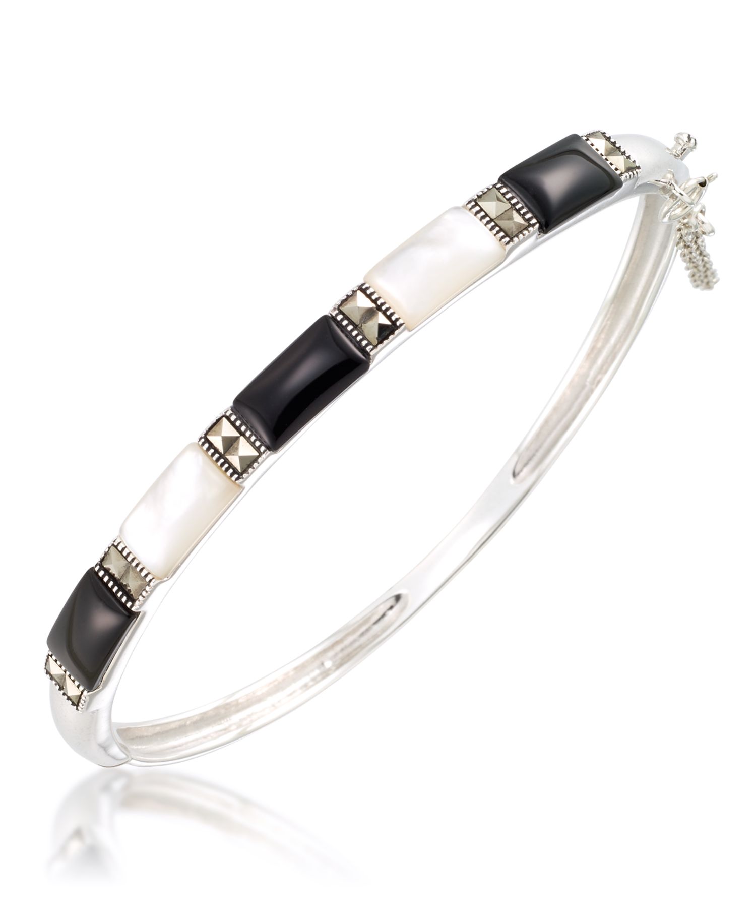 Marcasite, Onyx and Mother Of Pearl Bangle in Sterling Silver