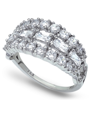 image of Cubic Zirconia 3 Row Emerald Round Prong Set StonesRing in Fine Silver Plate