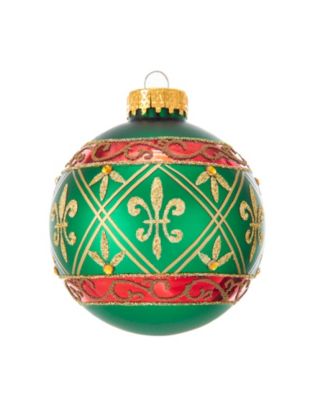 Kurt Adler - 80MM Green Glass Ball Ornament With Red And Gold Fleur-De-Lis Design, 6-Piece Box