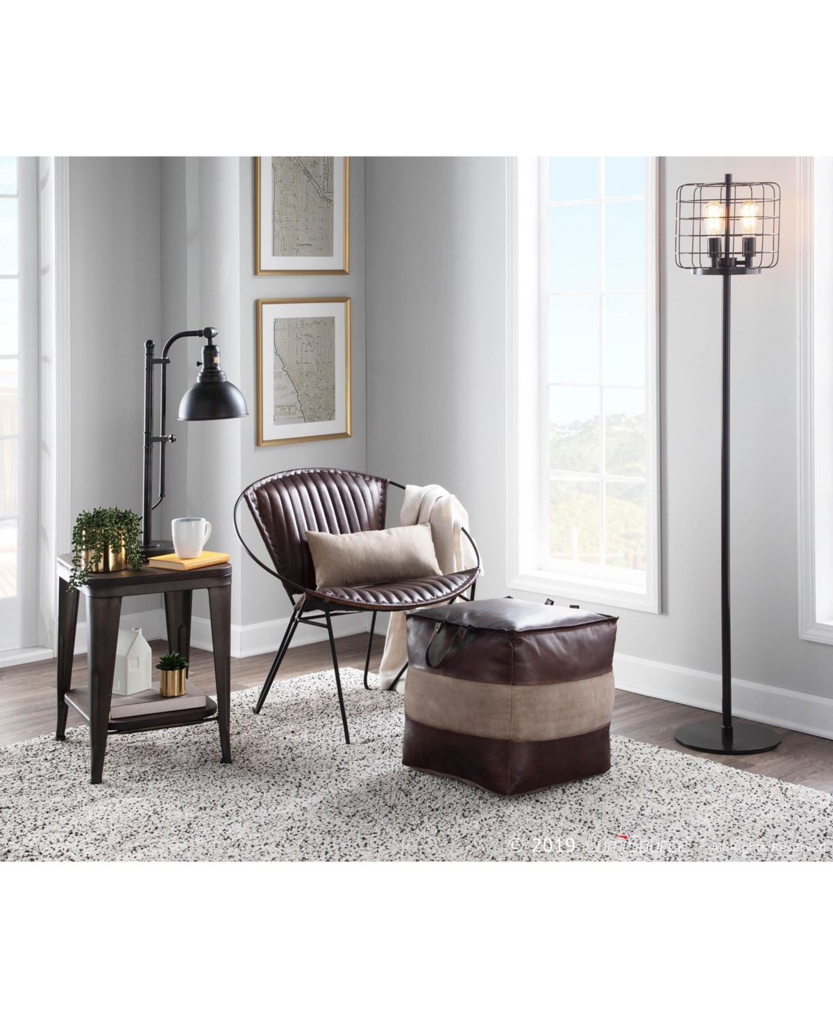 Lumisource Cobbler Industrial Pouf In Leather And Canvas By  In Espresso