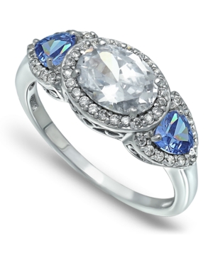 image of Cubic Zirconia Oval with Tanzanite Cz Accents 3 Stone Ring in Fine Silver Plate