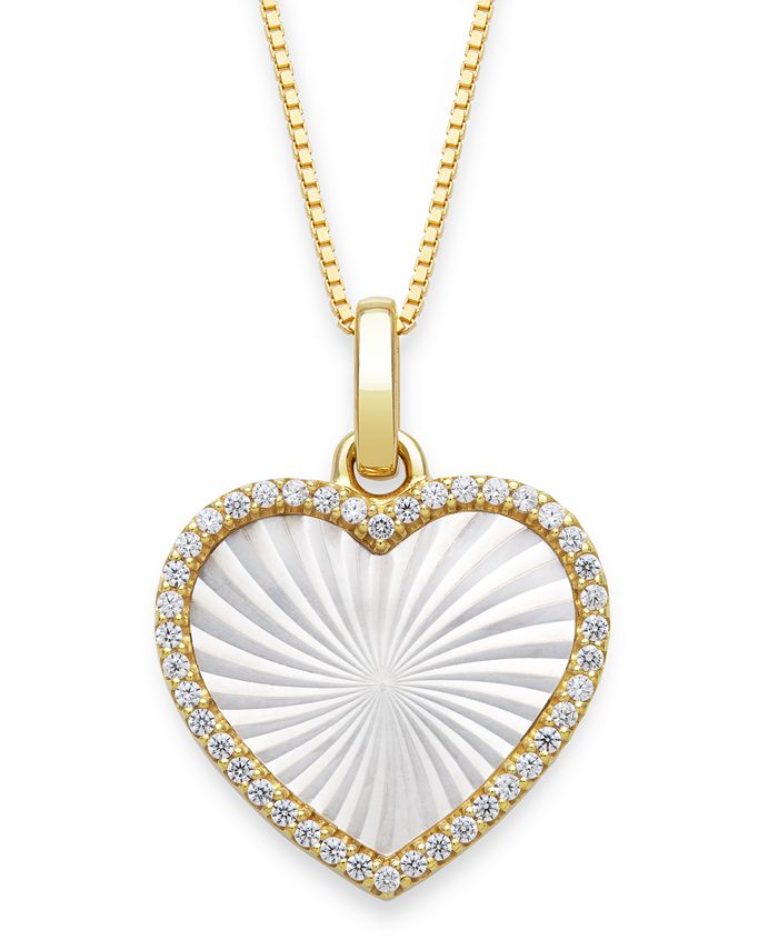 Macy's - Mother of Pearl 14x13mm and Cubic Zirconia Heart Shaped Pearl Pendant with 18" Chain in Gold over Silver