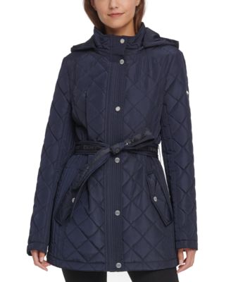 belted padded coat with hood