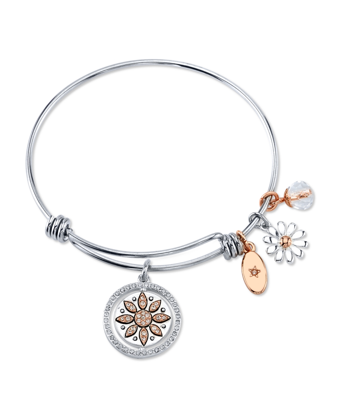 "Live Laugh Love" Flower Bangle Bracelet in Stainless Steel & Rose Gold-Tone with Silver Plated Charms - Rose Gold