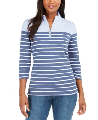 Karen Scott Petite Striped Zip-Front Top, Created for Macy's - Macy's