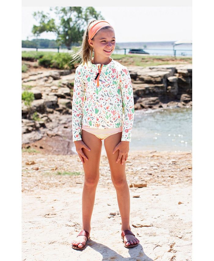 RuffleButts Baby Girls Long Sleeve Rash Guard with Zipper Swim Headband
