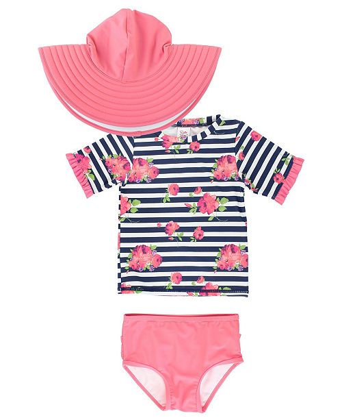 RuffleButts Baby Girls Ruffled Rash Guard Bikini Swimsuit Swim Hat Set