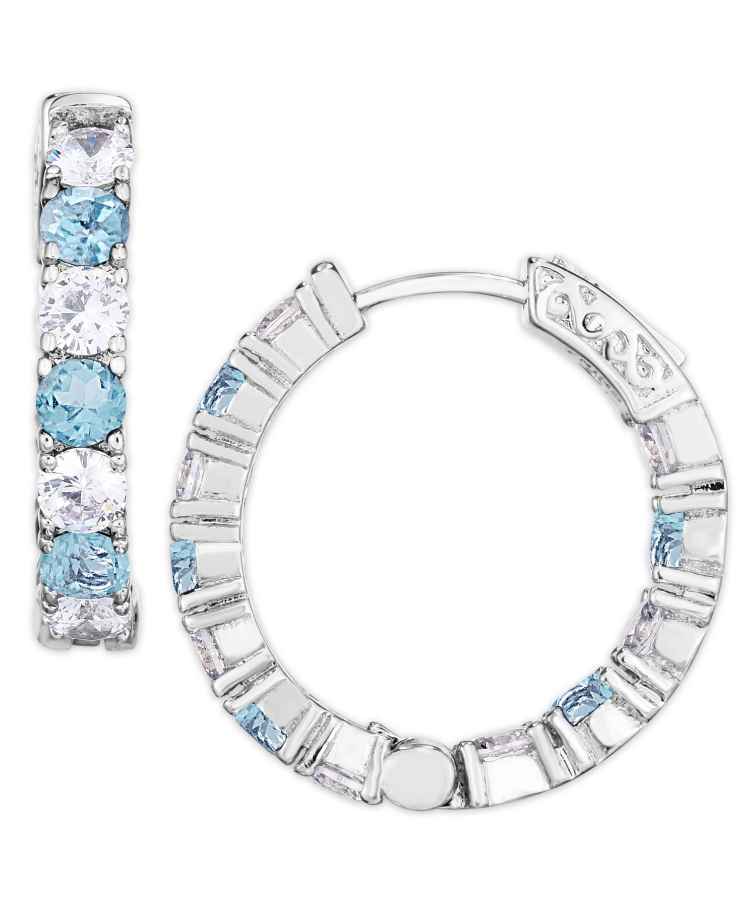 Simulated Cubic Zirconia Alternating Hoop Earrings in Silver Plate