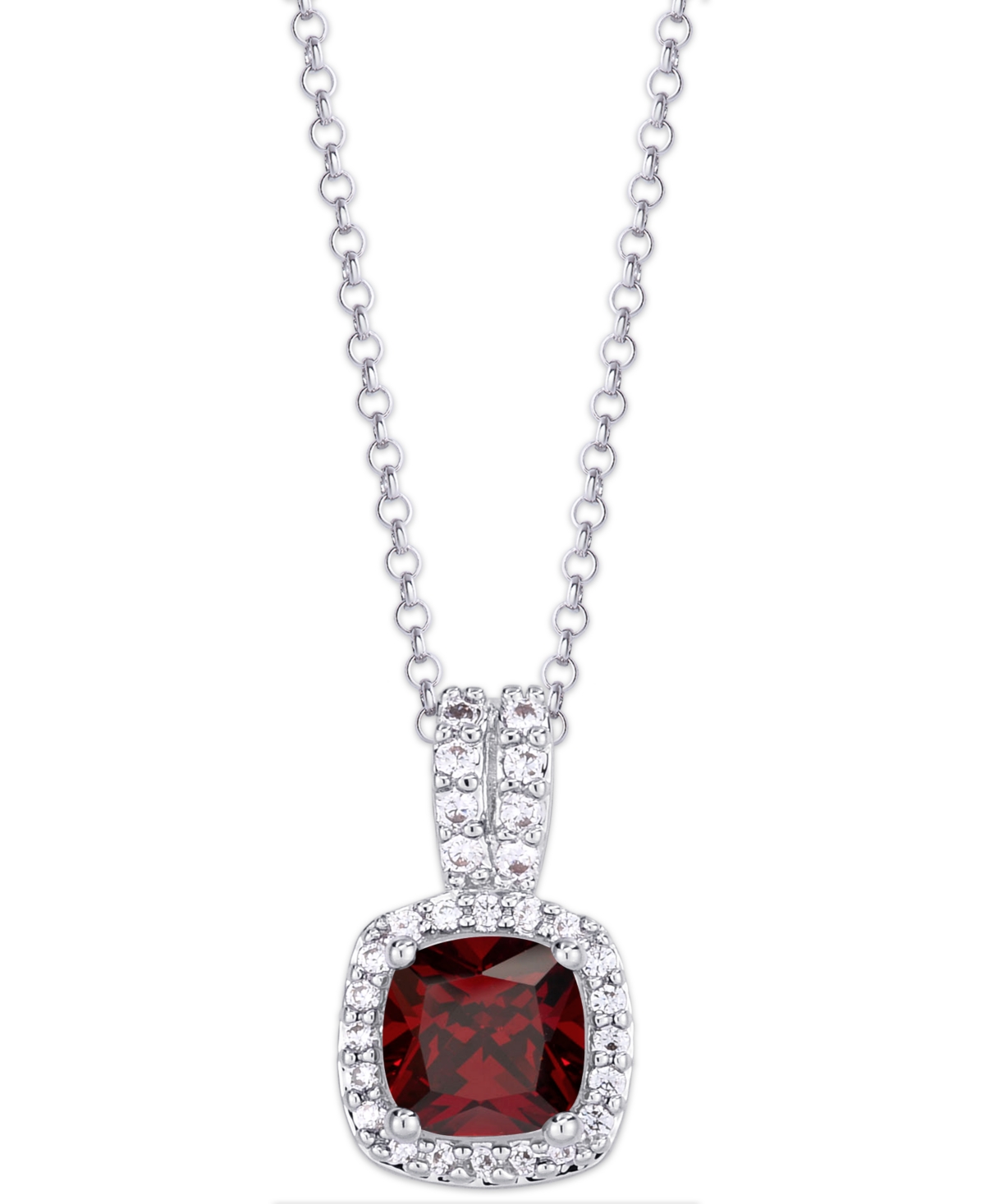 Macy's Birthstone Cushion Halo Pendant Necklace In Silver Plate In January,simulated Garnet
