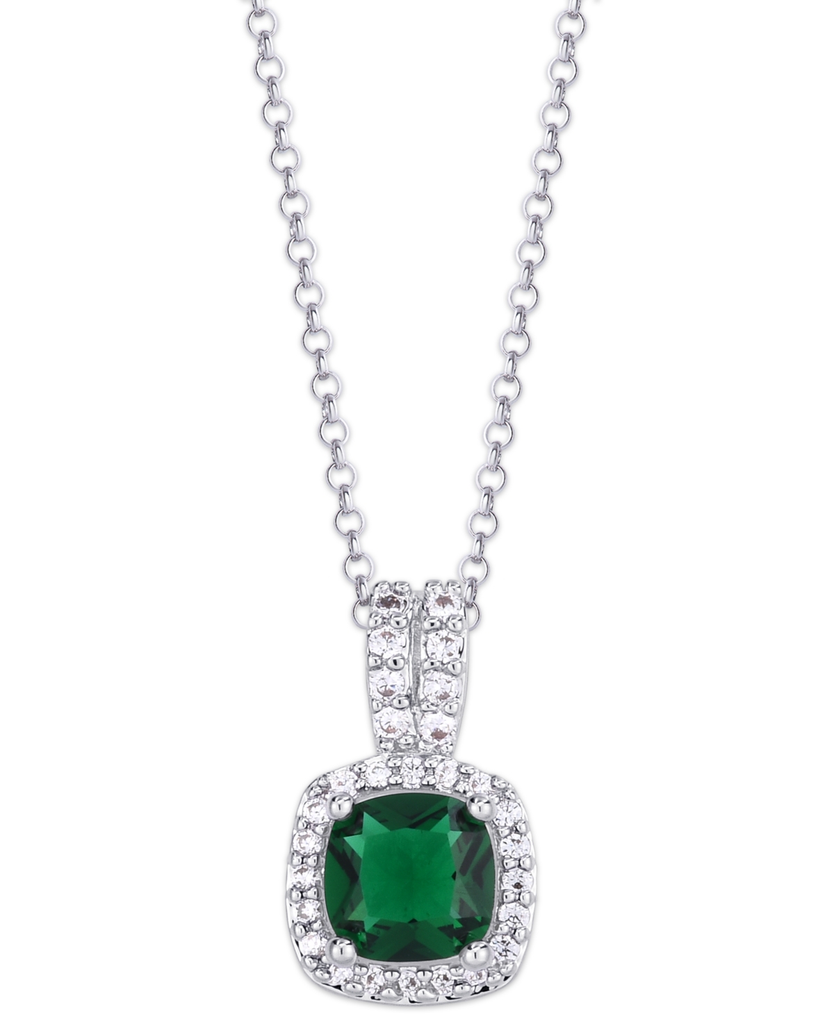 Macy's Birthstone Cushion Halo Pendant Necklace In Silver Plate In May,simulated Emerald
