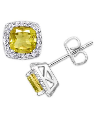 Birthstone Cushion Halo Solitaire Stud Earrings in Silver Plate