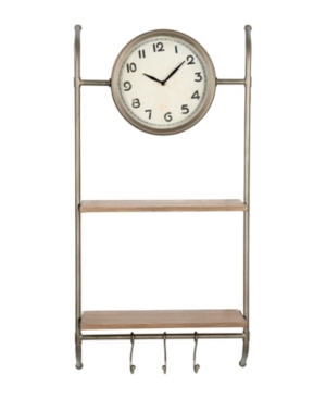 3r Studio Creative Co-op Wall Clock With Shelves And Hooks In Bronze