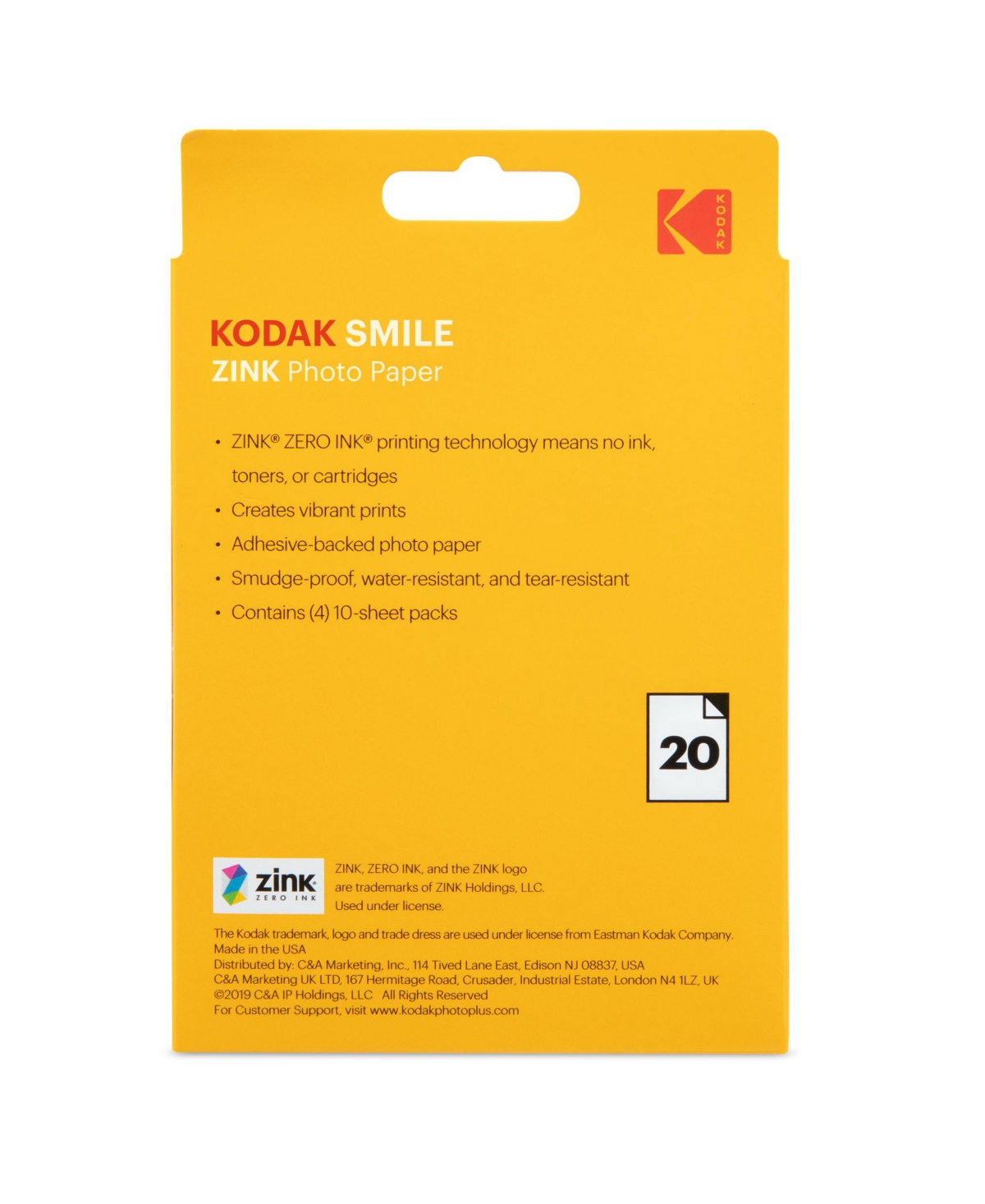 Kodak 3.5" x 4.25" Premium Zink Photo Paper - 20 Sheets - White