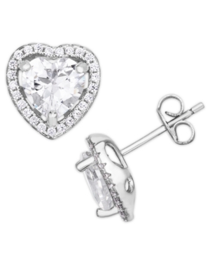 image of Cubic Zirconia Heart Halo Stud Earrings in Fine Silver Plate