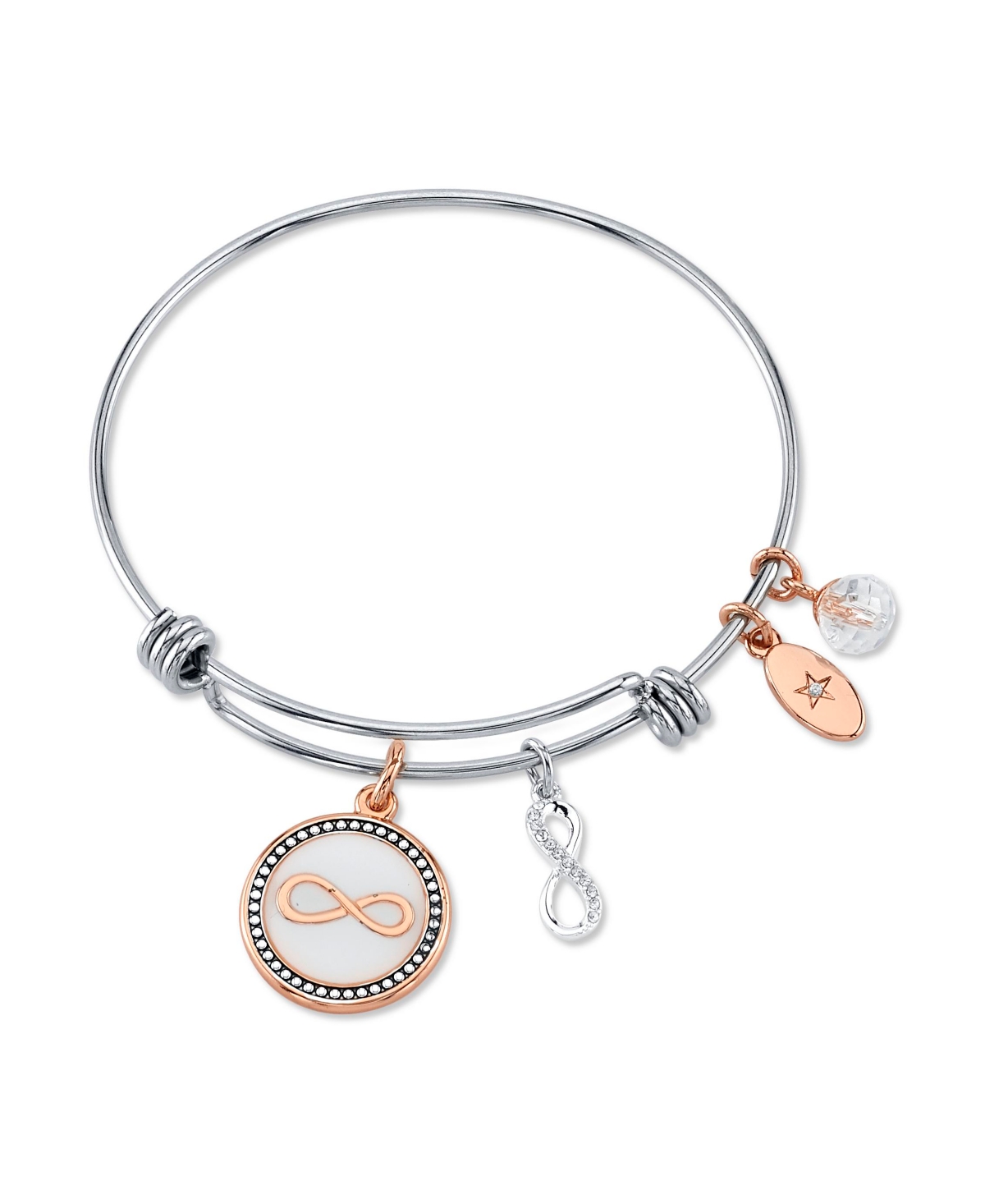 "Forever Friends" Infinity Bangle Bracelet in Stainless Steel & Rose Gold-Tone with Silver Plated Charms - Silver