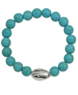 Genuine Stone Bead Puka Cowrie Shell Stretch Bracelet in Silver Plate or Gold Plate