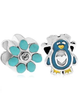 Rhona Sutton - Children's Sterling Silver Enamel Penguin Flower Bead Charms - Set of 2