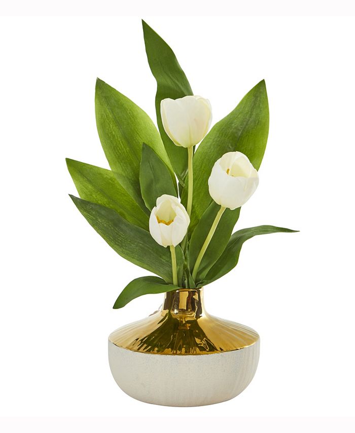 Nearly Natural - 18in. Tulip Artificial Arrangement in Gold and Cream Elegant Vase
