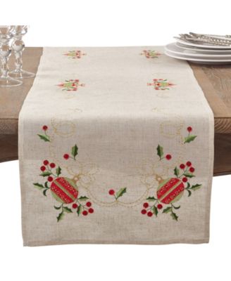 Embroidered Ornament Holiday Linen Blend Table Runner, 16" x 90"