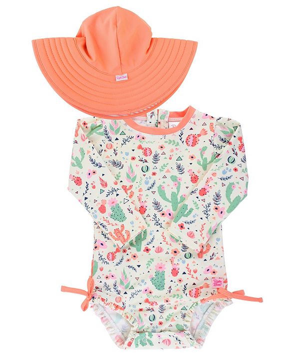 RuffleButts Toddler Girls Long Sleeve Rash Guard Swimsuit Swim Hat Set