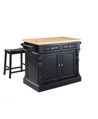 Oxford Butcher Block Top Kitchen Island With 24" Upholstered Saddle Stools