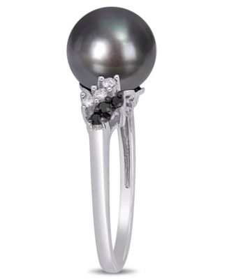 Tahitian Cultured Pearl (9-9.5mm) and Black White Diamond (1/8 ct. t.w.) Ring in 10k White Gold