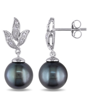 image of Tahitian Cultured Pearl (9-9.5mm) and Diamond (1/10 ct. t.w.) Floral Earrings in 10k White Gold