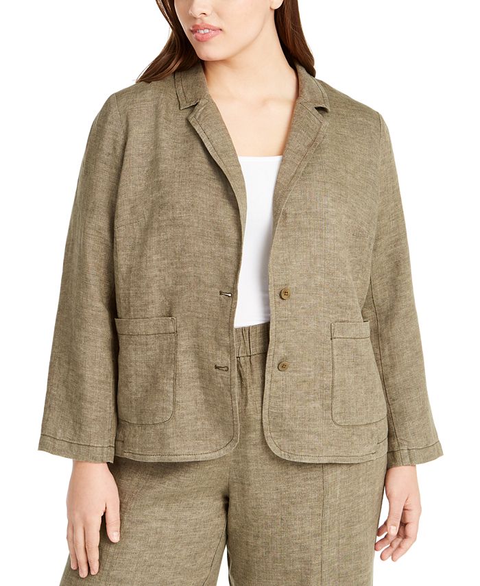 Eileen Fisher Plus Size Organic Linen Notch Collar Shaped Blazer