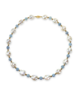 image of White Freshwater Cultured Pear (11-12mm) with Blue Aquamarine (8mm) and Gold Beads (4mm) 18