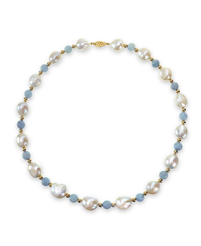 Macy's - White Freshwater Cultured Pear (11-12mm) with Blue Aquamarine (8mm) and Gold Beads (4mm) 18" Necklace in 14k Yellow Gold