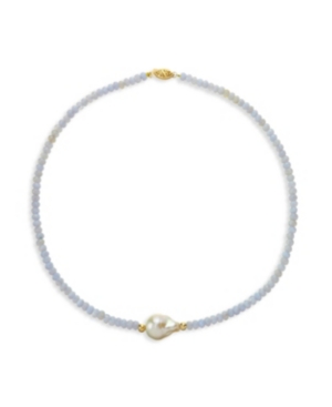 image of Cultured Baroque Freshwater Cultured Pearl (12-13mm) and Blue Lace Agate (4-5mm) Necklace in 14k Yellow Gold