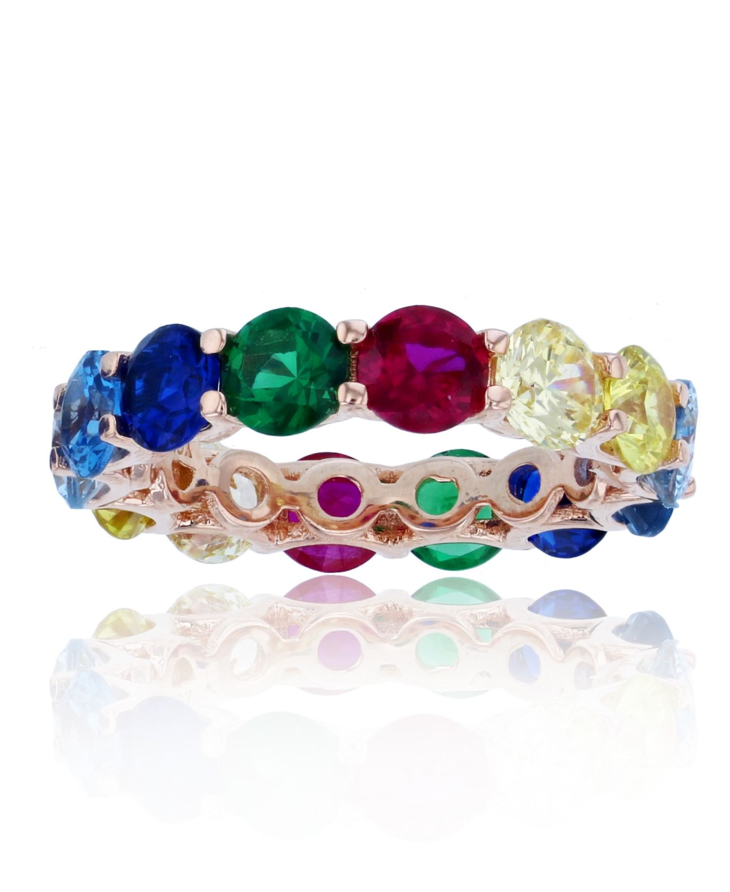 Rainbow Colored Cubic Zirconias Eternity Band in 14k Rose Gold Plated Sterling Silver