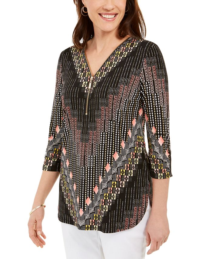 JM Collection Petite Zip-Neck Printed Top, Created for Macy's & Reviews ...